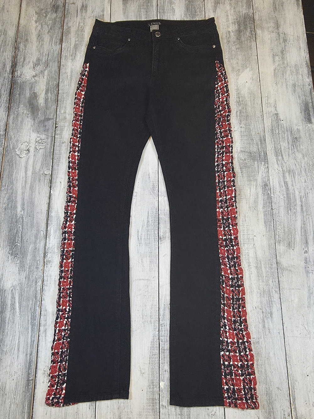 VENUS Women's Black High-Waist Jeans with Red Tweed Side Panels sz 6